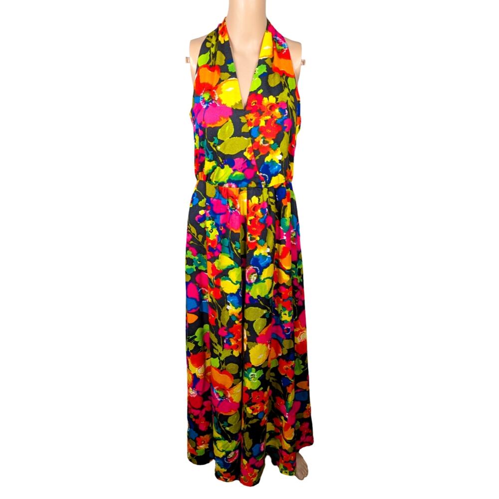 Vtg 60s Psychedelic Bold Vibrant Floral Print V-neck Halter Maxi Dress SZ S